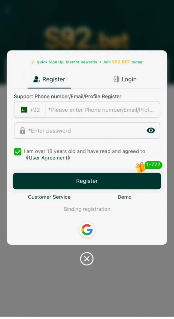 S92 Bet Game Register